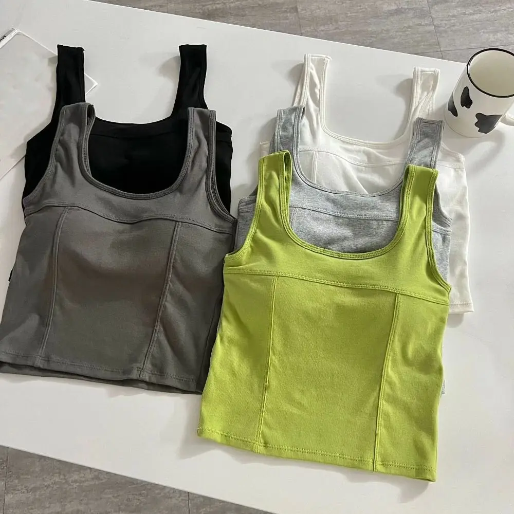

Basic Skinny Vest Women Sleeveless Square Neck Slim Crop Top Solid Color Spicy Girl Style Camisole with Pads Summer
