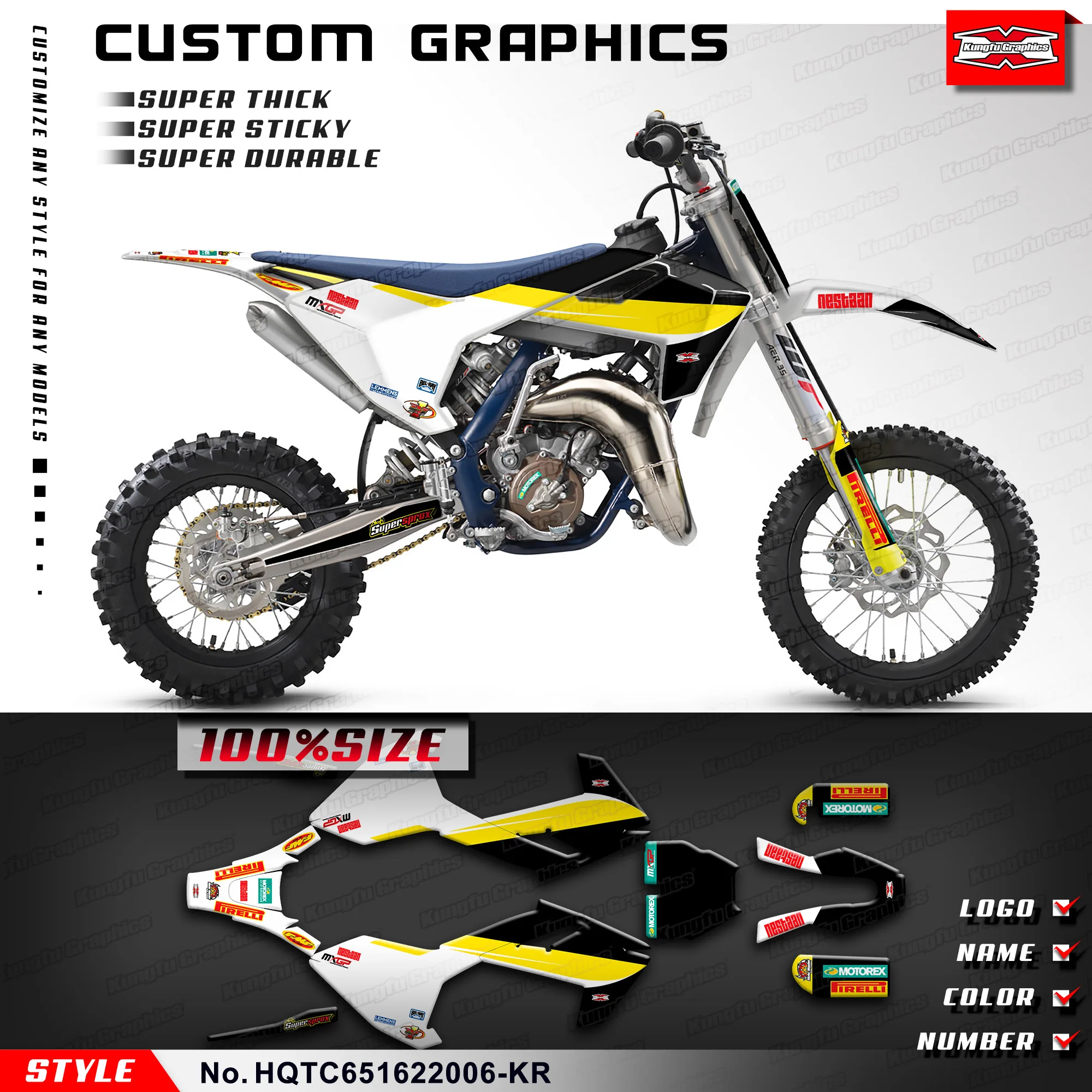 

KUNGFU GRAPHICS Motocross Stickers MX Racing Decals Kit for Husqvarna TC65 TC 65 2016-2023, HQTC651622006-KR