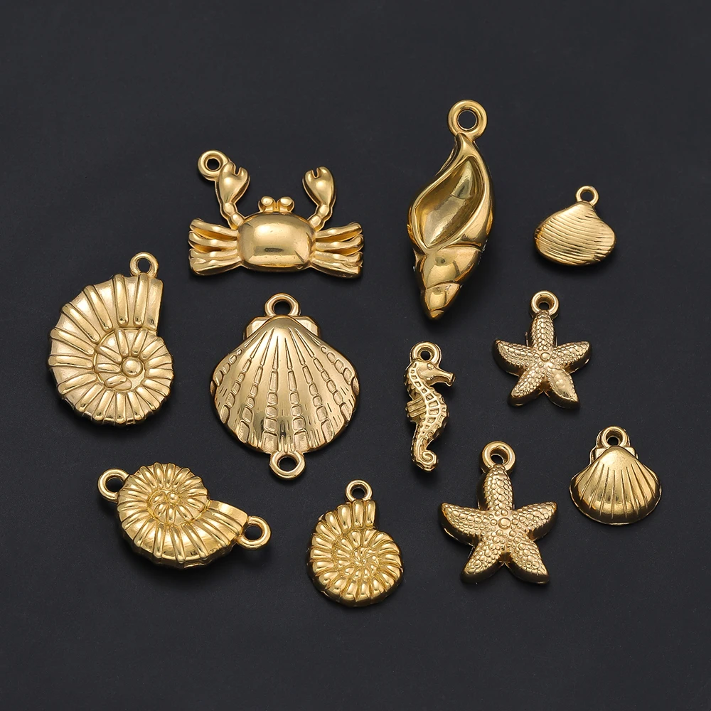 2pcs Stainless Steel Summer Beach Charms Starfish Seashell Conch Pendants for DIY Bracelet Necklace Earrings Jewelry Making