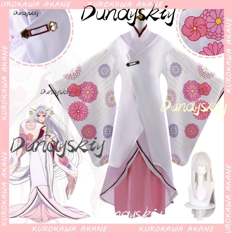 Oshi no Ko Akane Kurokawa Cosplay Costume Set Traditional Japanese Kimono Pink White Long Silver Wig with Bangs Anime Costumized