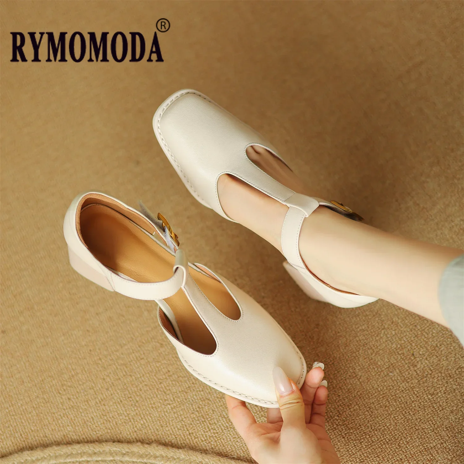 

T Strap Genuine Leather Sandals Women Summer Sheepskin Upper and Insole Pigskin Lining Square 5.5cm High Heel Shoe Big Size 42