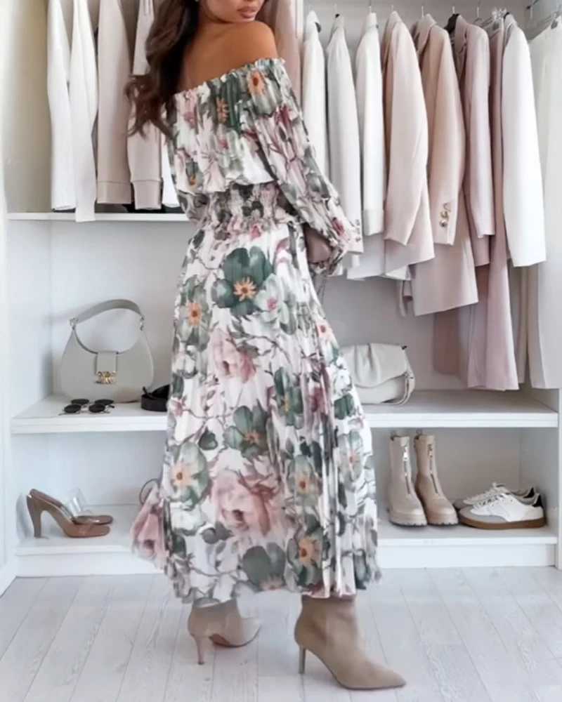 

2025 Stylish Off - The - Shoulder Two - Piece Outfit: Long - Sleeve Flare Sleeve Shirred Top with High - Slit Floral Maxi Skirt
