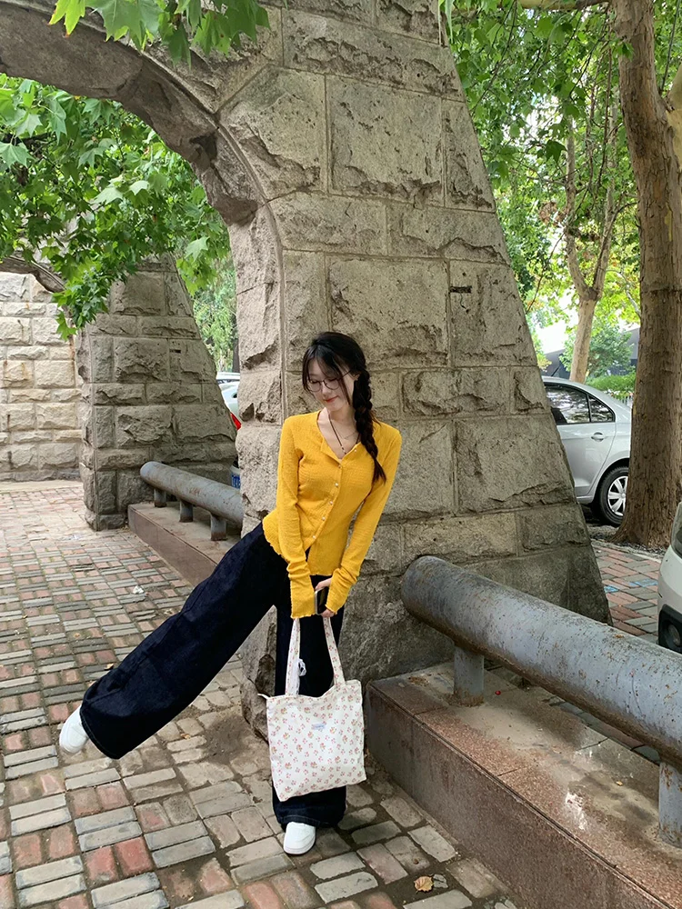 Yellow Long Sve Knitted Open Cardigan T-irt Women's Spring Autumn Slimming ort Sle Unique Design Faionable Top