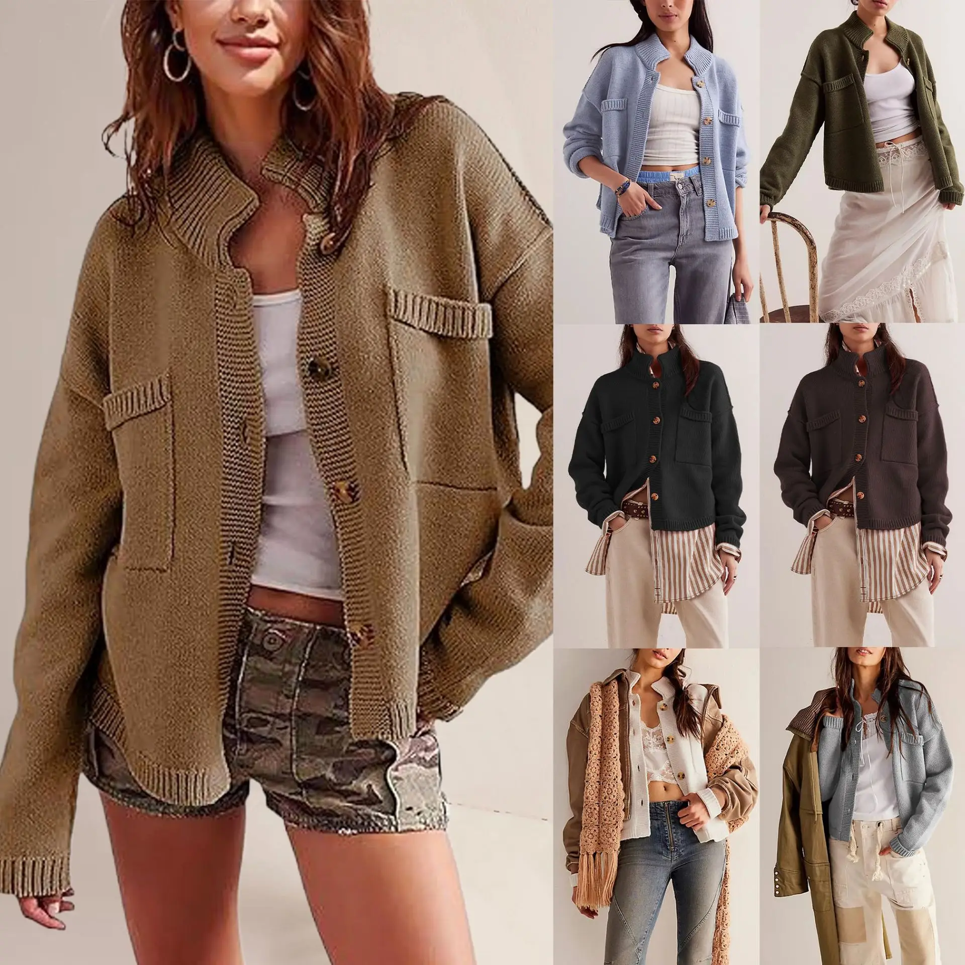 

Winter Independent Station Hot S Knitted Jaet Collar Pure Color Open Cardigan Sweater Women's Loose Long Sve Knitwear