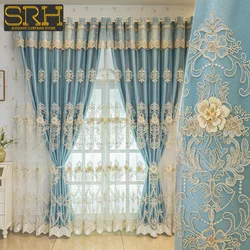 European High-end Embroidered Curtains for Living Dining Room Bedroom Blackout Cloth and Gauze Integrated Flowers Tulle Custom