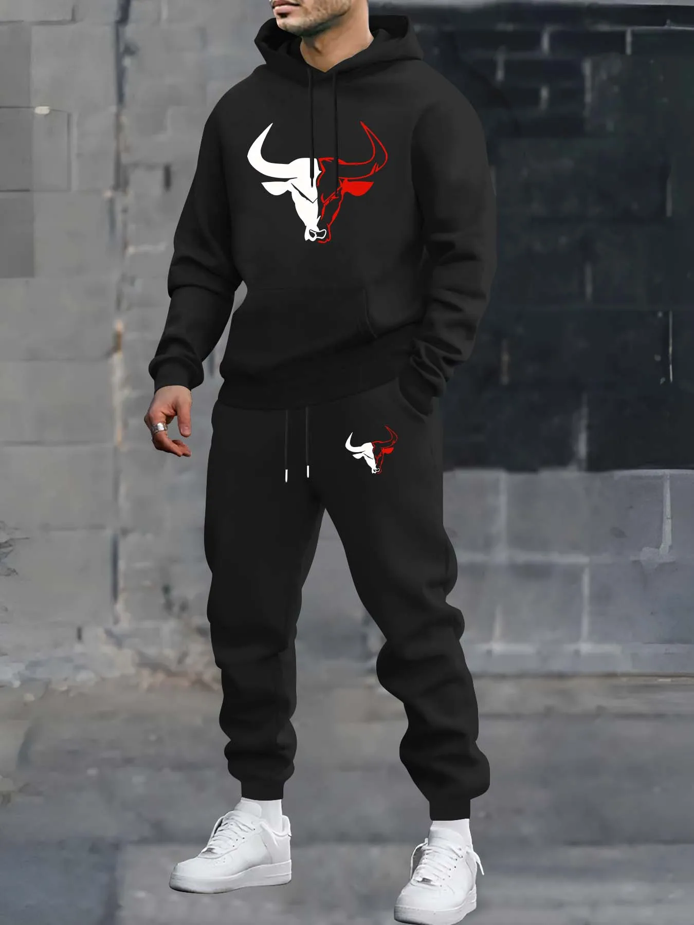 

bull pattern Men's Hoodie and Bundled pants set fleece Autumn winter two-piece set top bottom sets windproof Warm Cotton suit