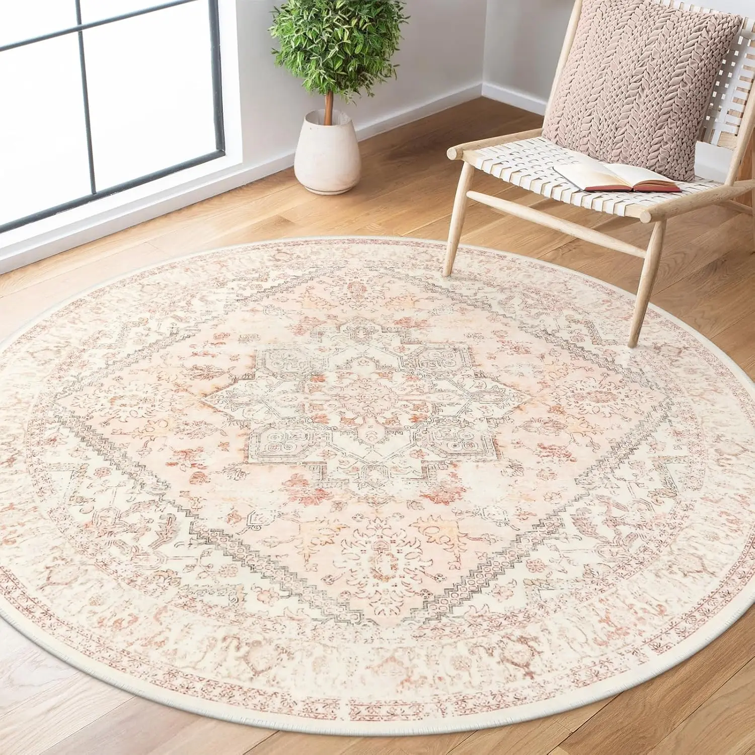 Round Retro Geometric Pattern Elegant Carpet Mat Home Decoration Beige Pink Durable Soft Anti Slip Mat Living Room Rug