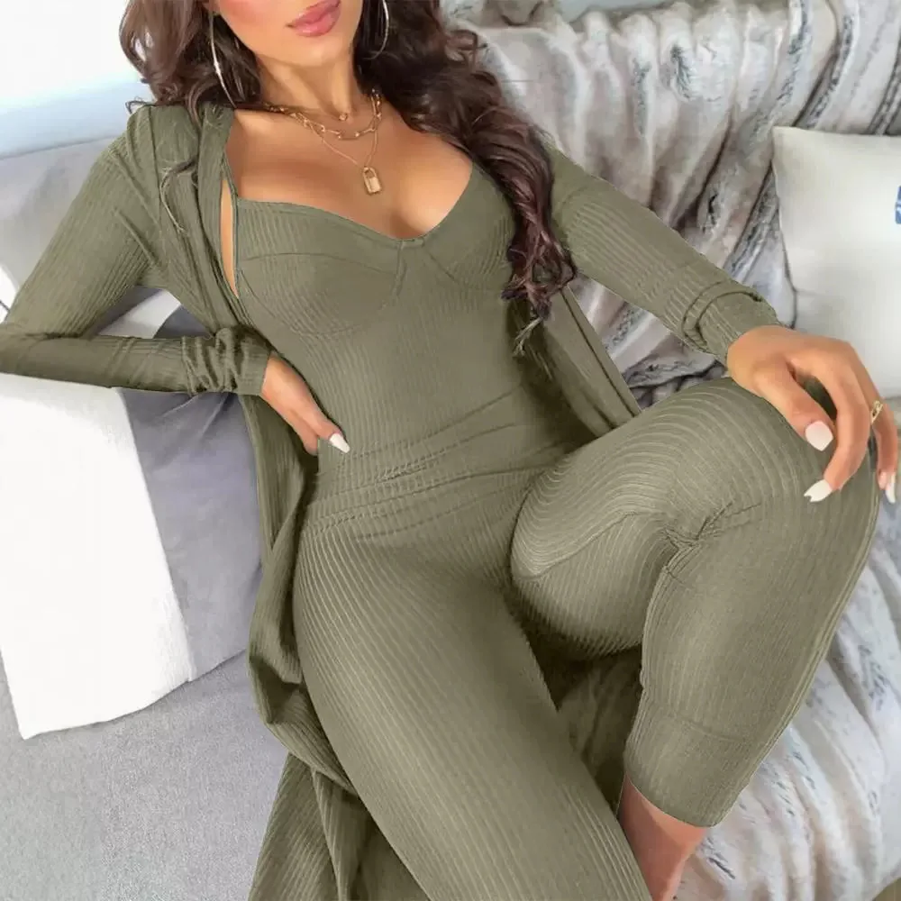 Women 2pcs Clothes Set Long Sleeve Loose Open Cardigan & Sleeveless High Waist Jumpsuits Pants Overall