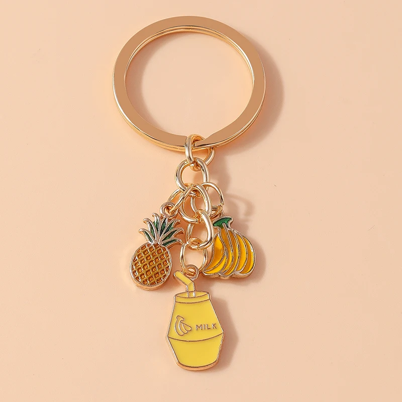 Cute Drink Keychain Enamel Fruit Banana Pineapple Charms Keyrings for Women Men Car Key Handbag Pendant Key Chains DIY Gifts