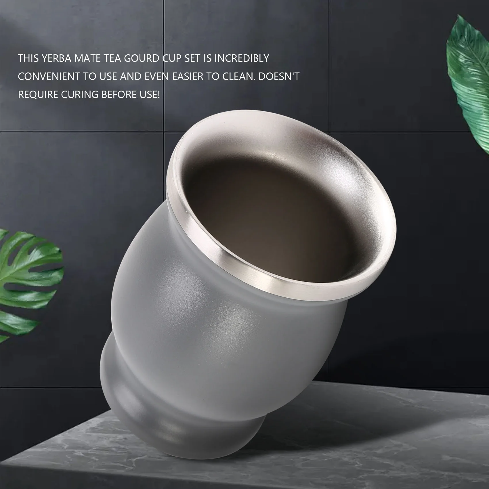 RALCA-Double-Wall Stainless Yerba Mate Gourd Tea Cup Set Coffee Water Cup With 2 Bombillas Straws Spoon&Clean Brush 8Oz