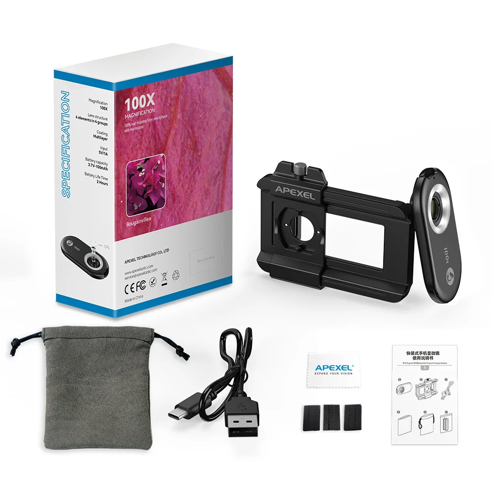 APEXEL 100X/150X/200X Mikroskop-Schmuckobjektiv Handy-Kameraobjektiv-Set Makro-Objektive mit LED-Licht für iPhone Android Alle Smartphones