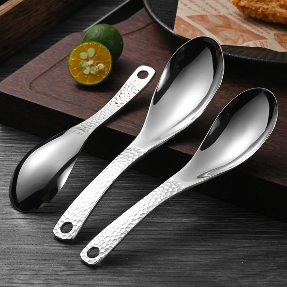 Retro Style Hammer Patterned Stainless Steel Spoon with Hanging Hole Deepen Dessert Spoon Thickened Soup Spoon Home Kitchen