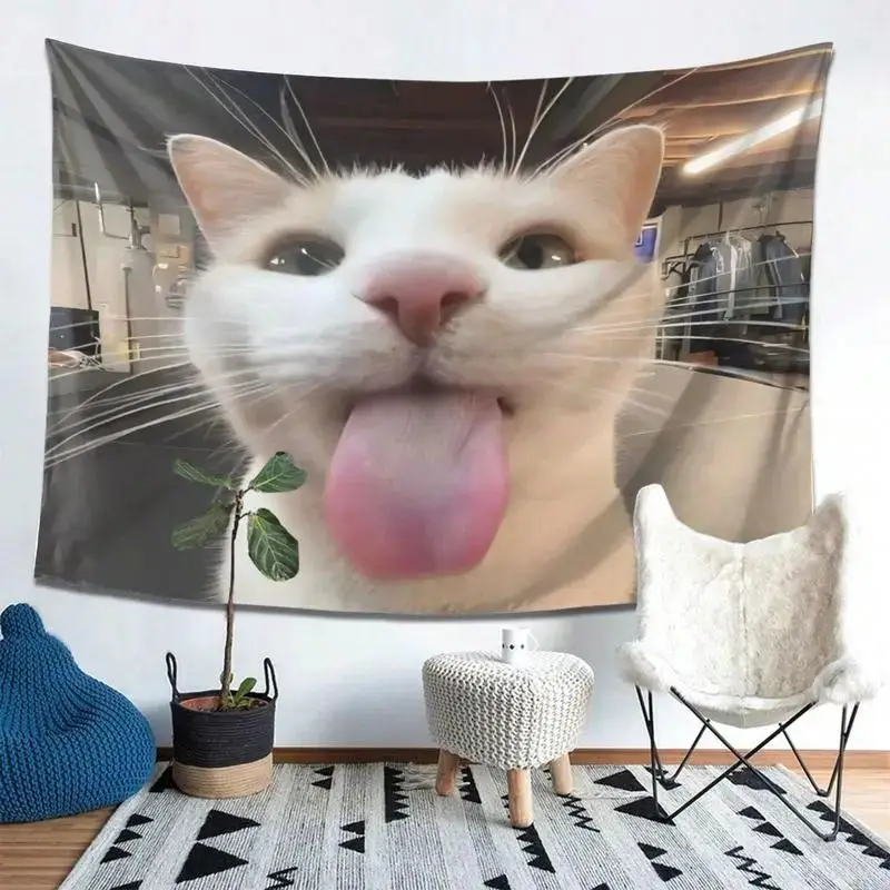 VIKAMA White Cat Tongue Out Closeup Meme Wall Tapestry Funny Kitten Face Big Nose Humor Bedroom Living Room Dorm Aesthetic Decor