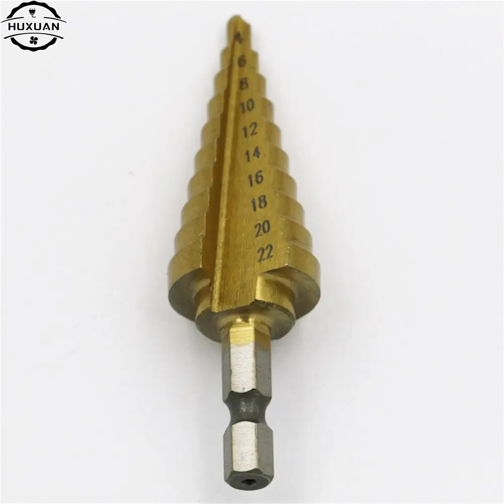 1Pcs Durable 4-22MM HSS Hex Titanium Coated Step Cone Drill Bit Power Tool for Woodworking Hole Cutter