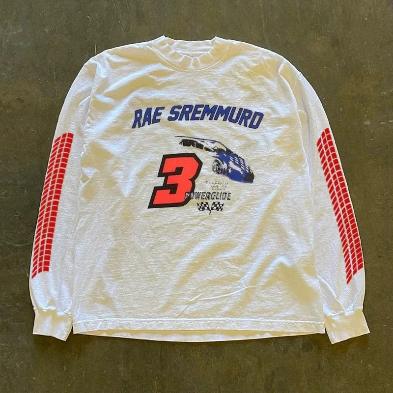 Heavyweight 300g Pure Cotton Long Sleeve Top Street Style Unique Design High Street Racing Car Number Three Large Size Men's ...