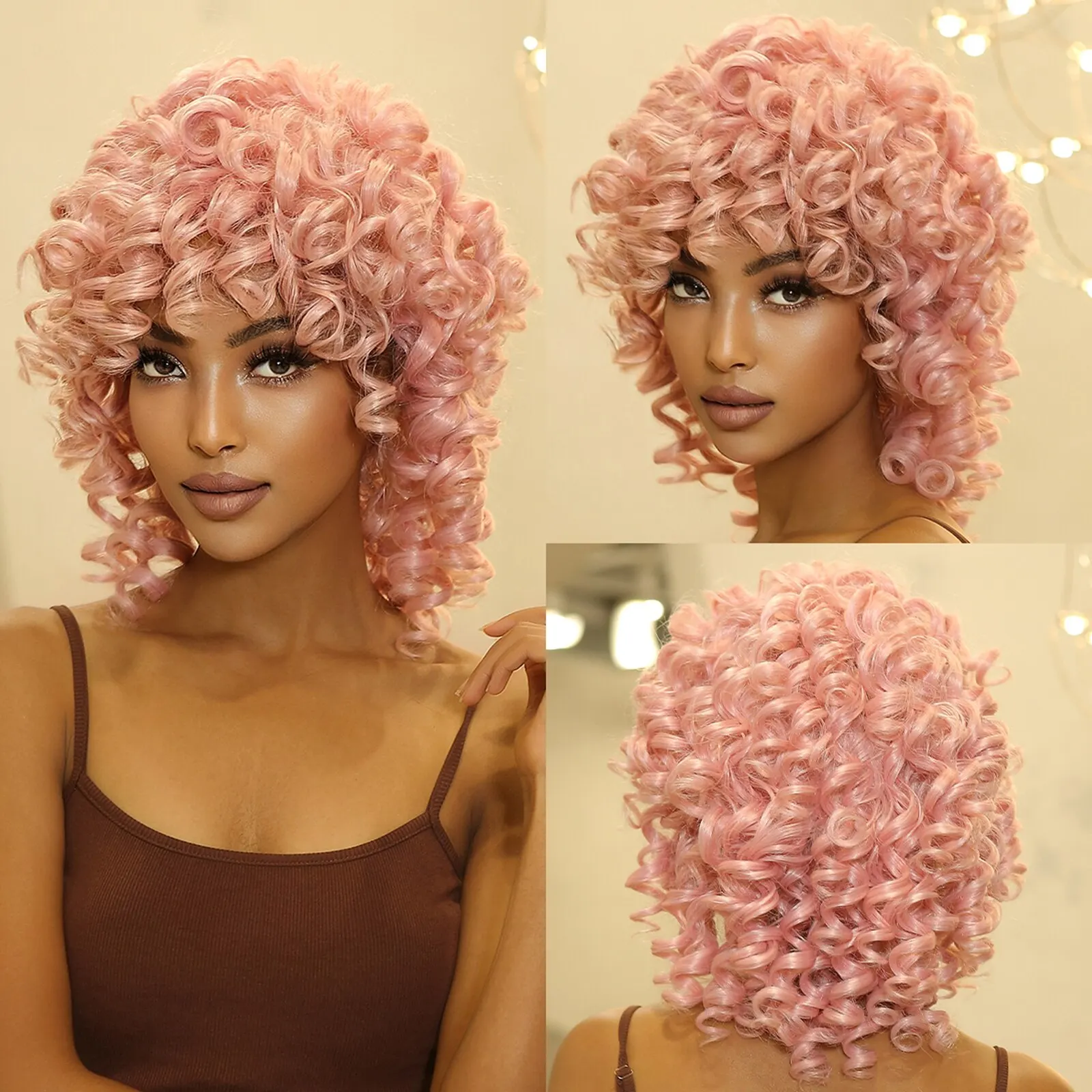 Brązowe blond kręcone włosy peruki syntetyczne dla kobiet krótkie krótkie perwersyjne kręcone włosy peruki Afro bezklejowe włosy Cosplay