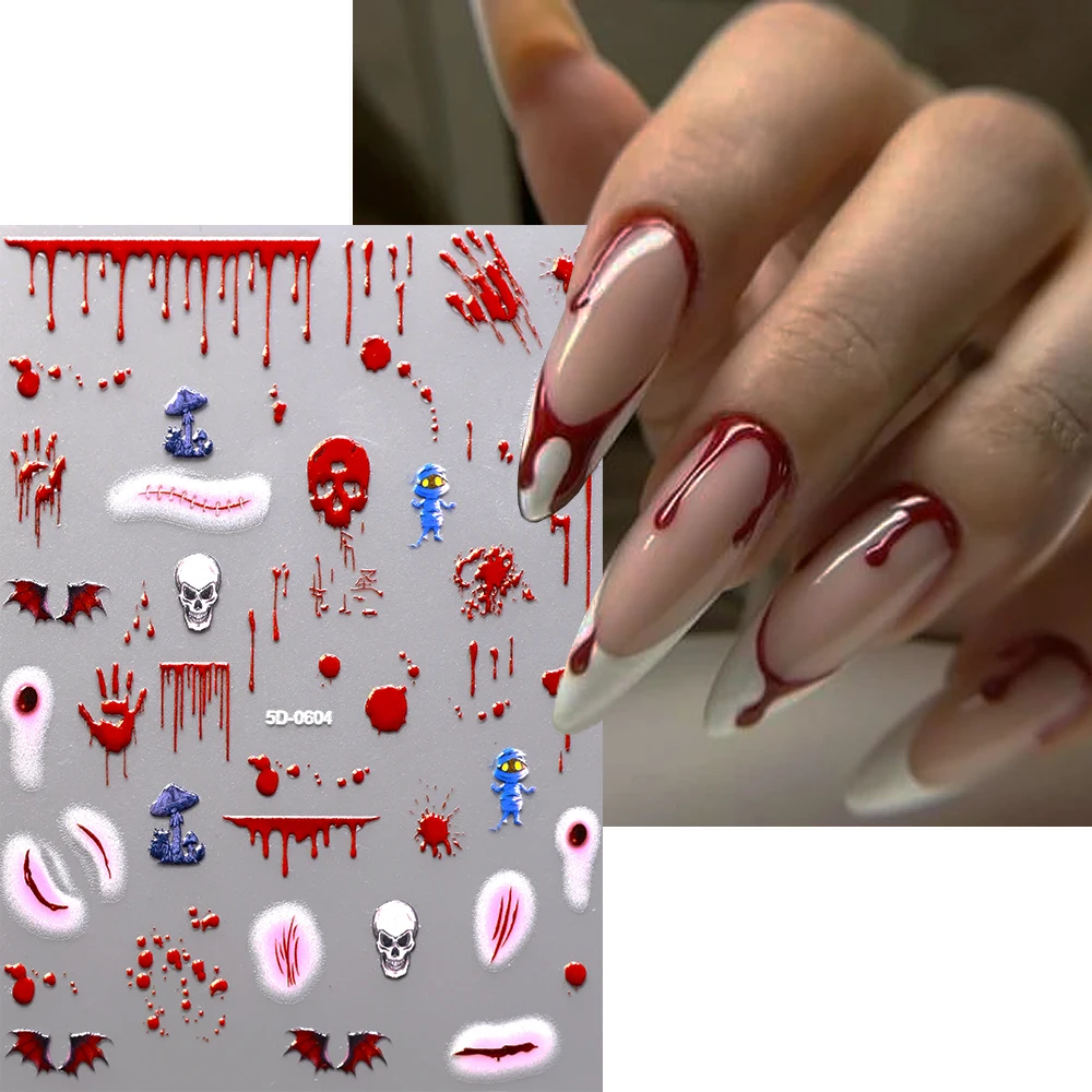 5D 할로윈 네일 아트 스티커 엠보싱 레드 블러드 스카 스컬 배트 디자인 네일 데칼 타투 슬라이더 매니큐어 호러 데칼 용품