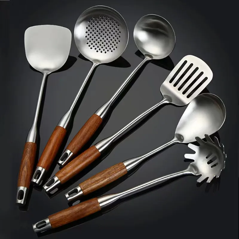 Stainless Steel kitchen utensils set cooking accessories cuisine outils Wok Spatula Gadgets Tool Handle Slotted Rice Spoon