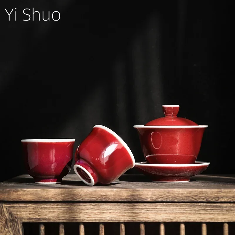 Lang Red Tea Set Ceramic Cups Sancai Tureen Kung Fu 1 Tureen 2 Cup of Porcelain Tea Set Japanese Tea Set Gaiwan