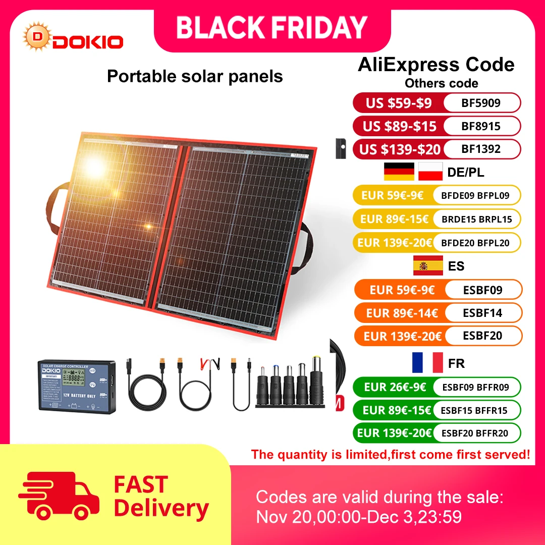 Dokio 18V 97W Elastyczny składany zestaw paneli słonecznych Przenośny panel słoneczny Ładowarka do pływania łódką / biwakowania na świeżym powietrzu 12V
