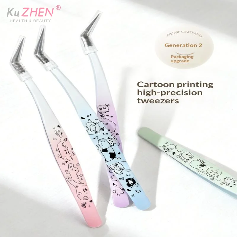 Pinça de cílios postiços com estampa de desenho animado, pinça de extensão de cílios 3d profissional curvada de aço inoxidável, ferramentas de maquiagem