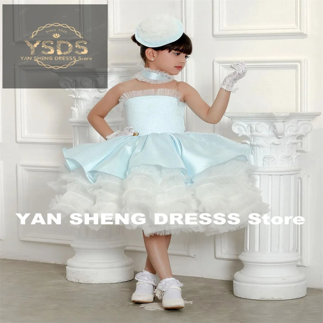 

Customized Tulle Puffy Kids Luxury Sky Blue Flower Girl Dress Princess Birthday Wedding Party Children Holiday Gown