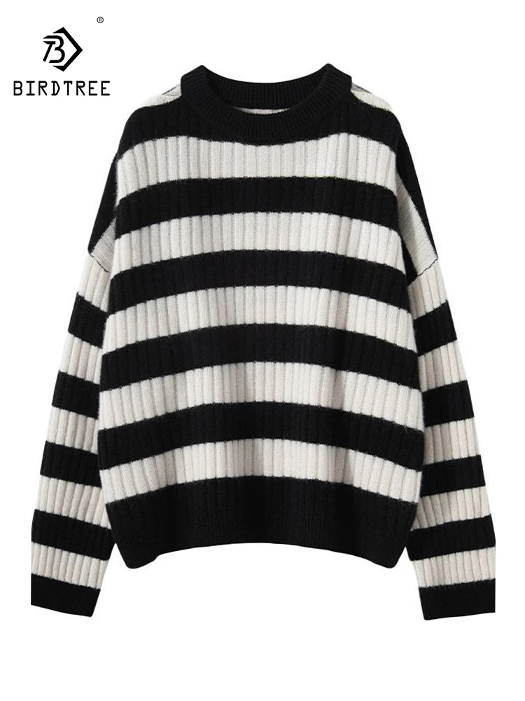 BirdTree, 100%Pure Cashmere Sweaters, Women Long Sleeve O Neck Striped, Casual Warm Knit Pullover, 2024 Autumn Winter T476116QC