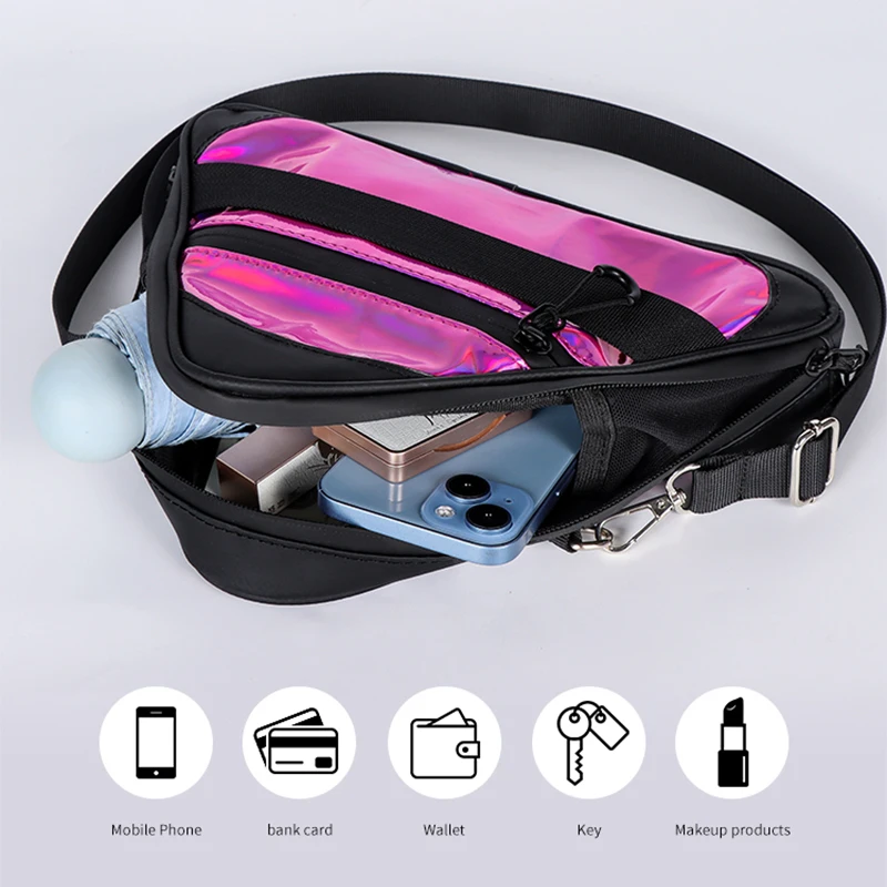 Trendy Irregular Triangle Sling Bag Holographic Reflective Surface Crossbody Shoulder Bag Multi‑Pocket Lightweight Daily Phone Bag
