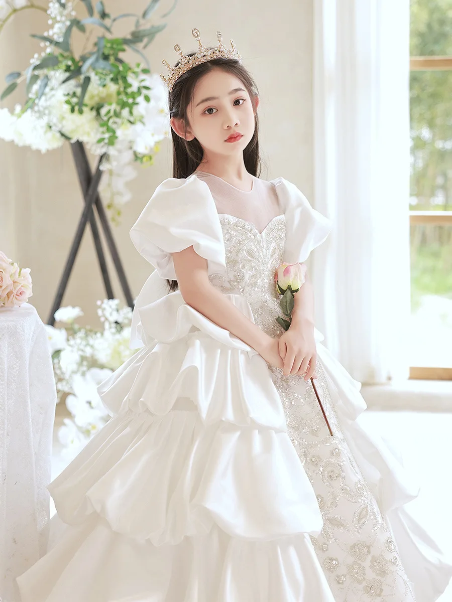 Retro Palace Girls Dress Little Girls Kids white sequin Long Ball Gown Children Wedding Party Costume baby Ball Formal Dresses