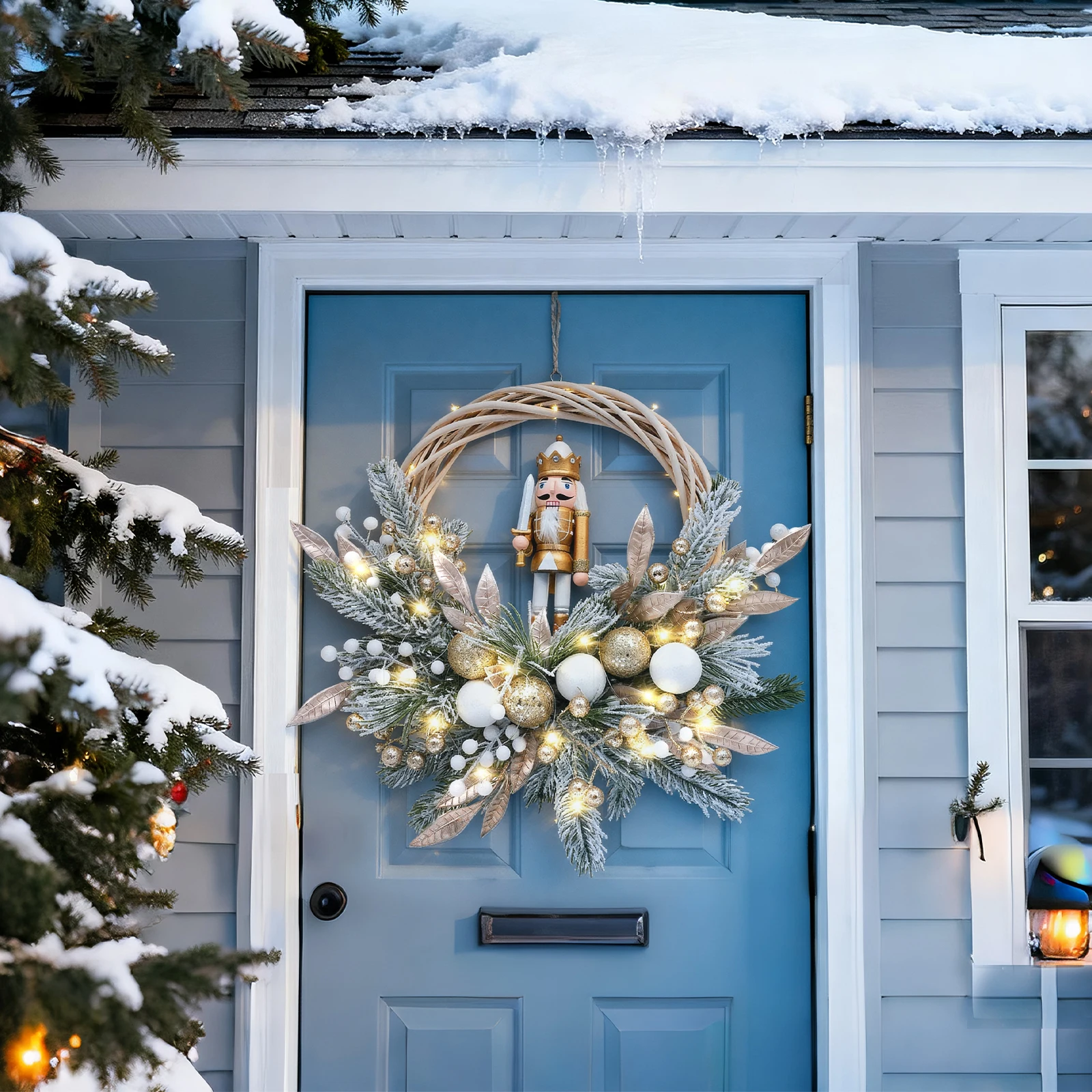 

Battery Powered Christmas Wreath 24" Nutcracker & Berry Door Wreath for a Warm Holiday Welcome