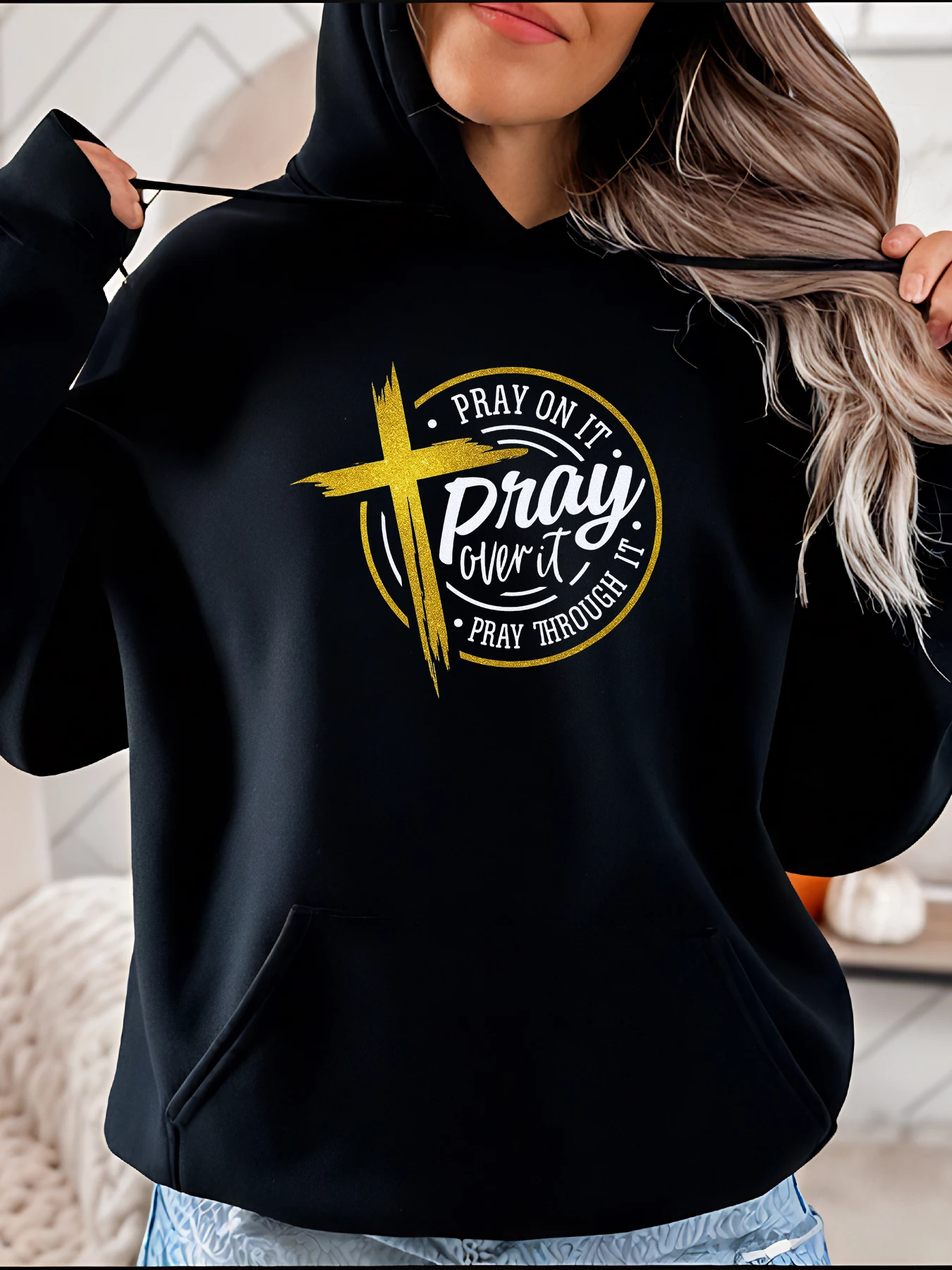 

【Рождество】 Толстовка с принтом «Крест Молитесь на це», повседневный свободный крой, религиозный дизайн, женская, повседневная одежда