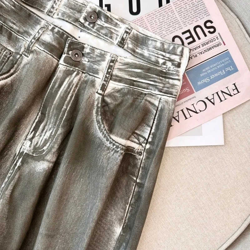 Primavera spice girl jeans de perna larga design infantil sentido solto mancha e fino versátil calças de chão reto estilo americano