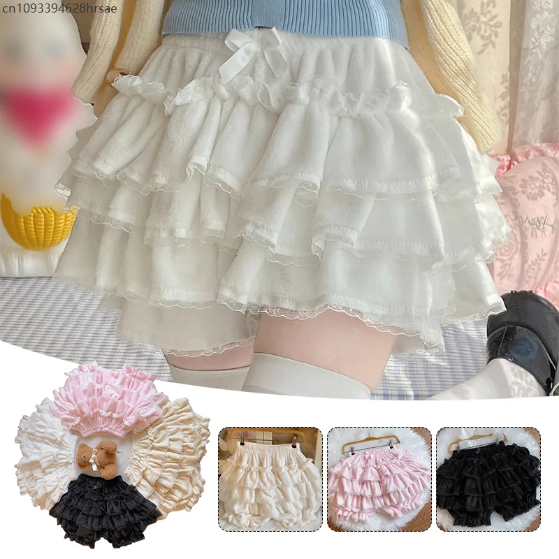 레이어드 프릴 호박 바지 랜턴 반바지 Y2k Sweet Lolita Bloomers 가을 겨울 JK 벨벳 반바지 케이크 스커트 안전 팬티