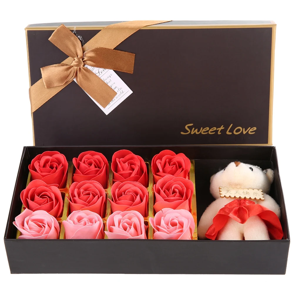 Zeepbloem 12 Bloemen Zeepbloem Pluche Beer Valentijnsdag Romantisch Cadeau Met Doos Valentijnsdag Romantisch Cadeau