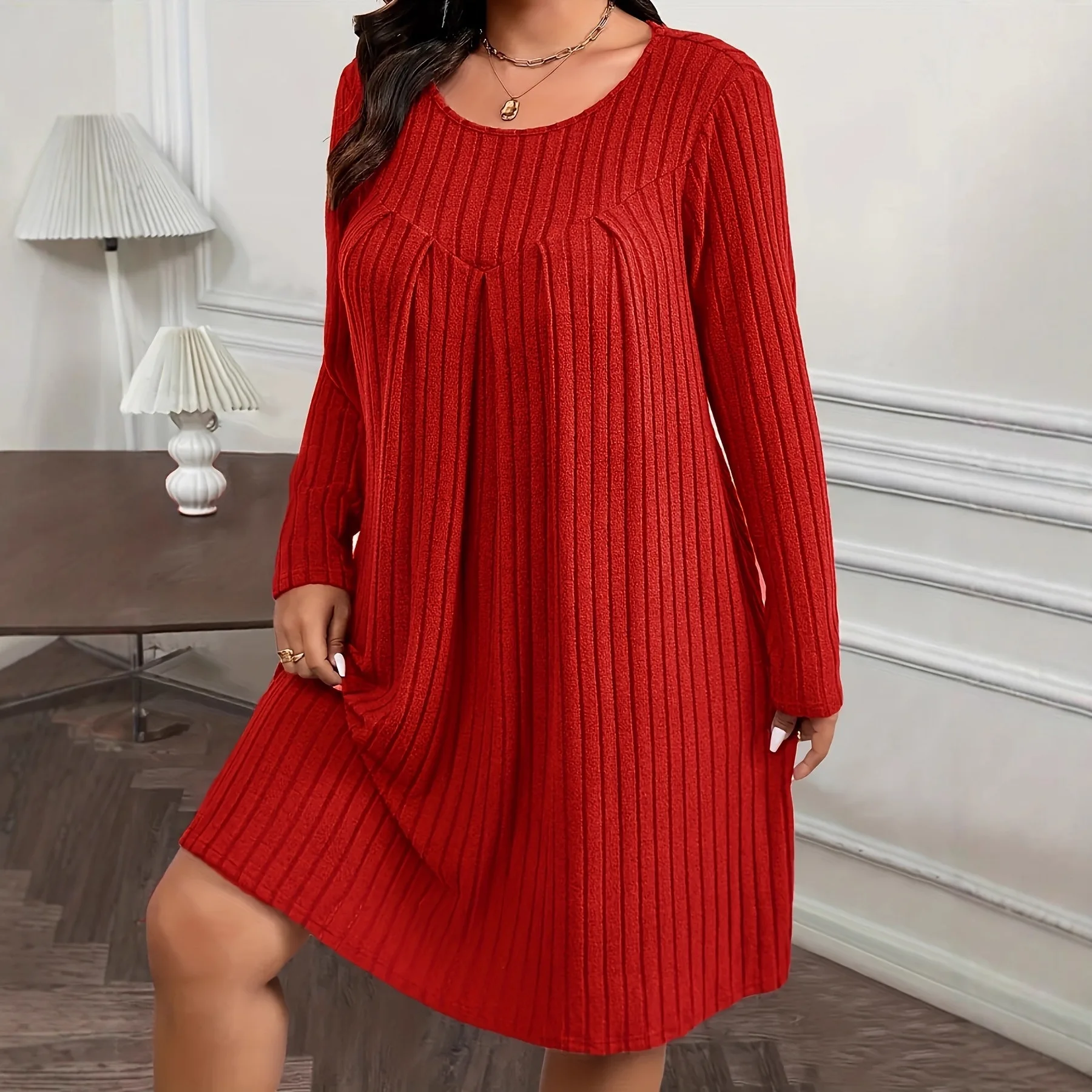 فستان خريف/شتاء 2025 للنساء موضة مقاس كبير فساتين بأكمام طويلة فستان محبوك فضفاض مرقع غير رسمي للنساء ملابس 5XL