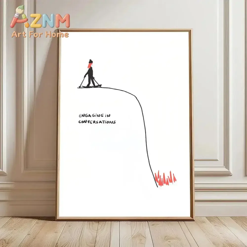 AZNM Funny Skiing Line Art Canvas Wall Art, Engaging In Conversations Humor Quote Print Poster, Unframed Canvas Painting for Roo