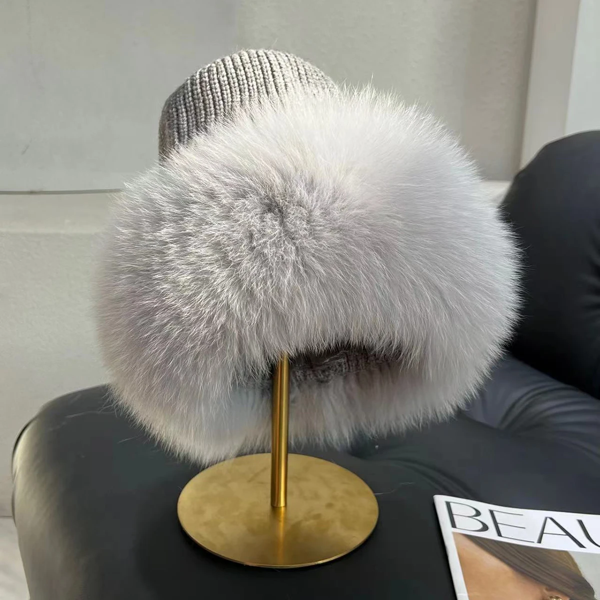 Winter Hats Women Natural Fox Fur Fuffy Warm Fashion Stylish Fedoras Knitted fur hat