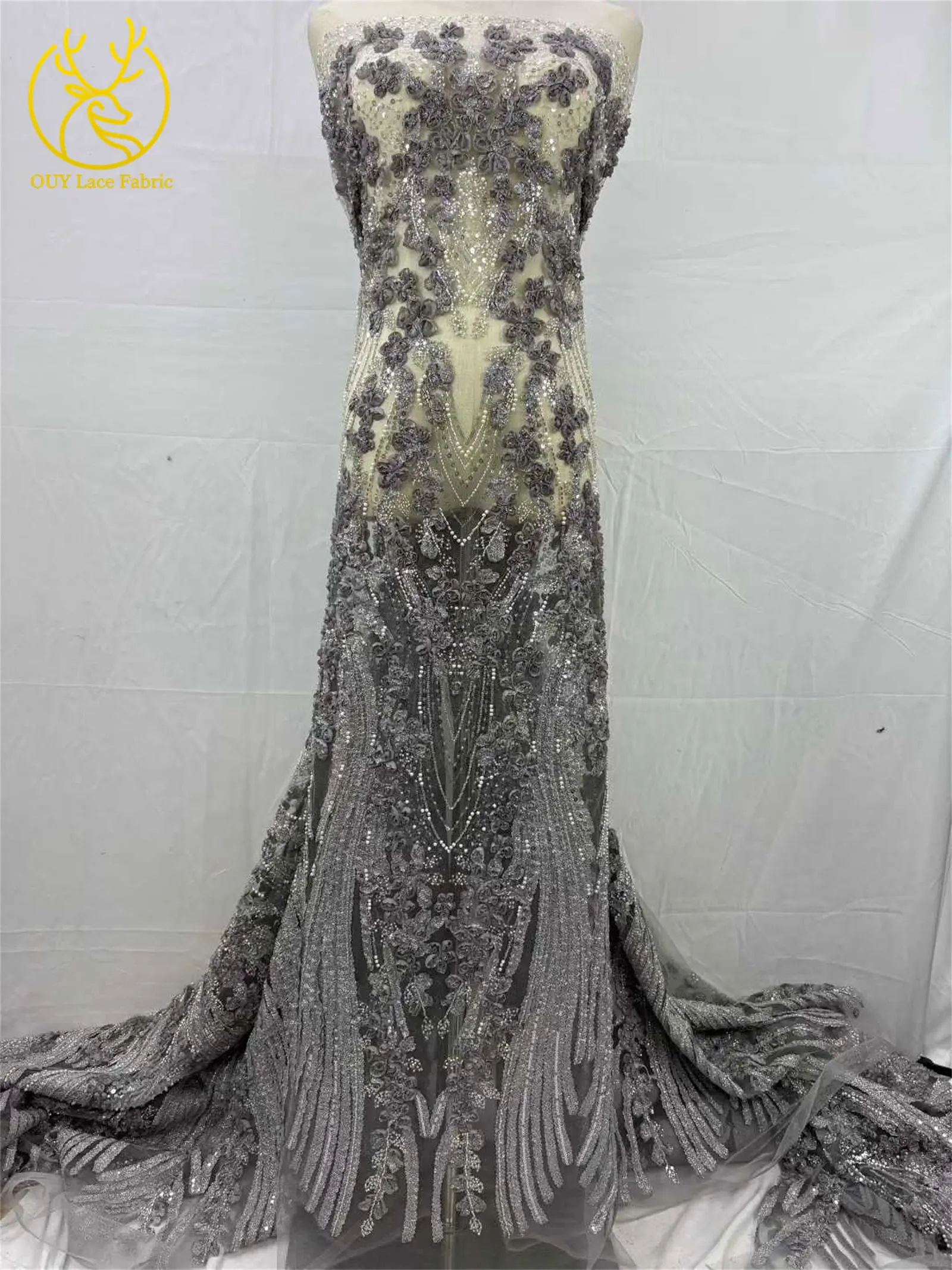 Hochwertiger afrikanischer Perlen-Spitzenstoff, 3D-eleganter französischer nigerianischer Pailletten-Tüll-Spitzenstoff für Damen, Party, Hochzeitskleid, Nähen, 5Y – Detail 9