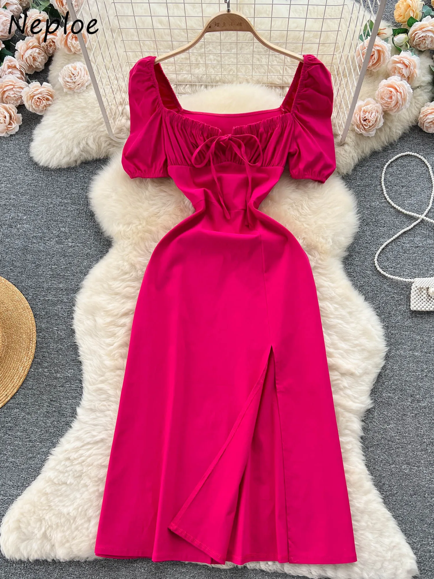 

Neploe Advanced New Lovely Unique Femme Robe Sweet Small Fragrance Minority Long Dress Lace Up Slim Waist French Square Vestidos