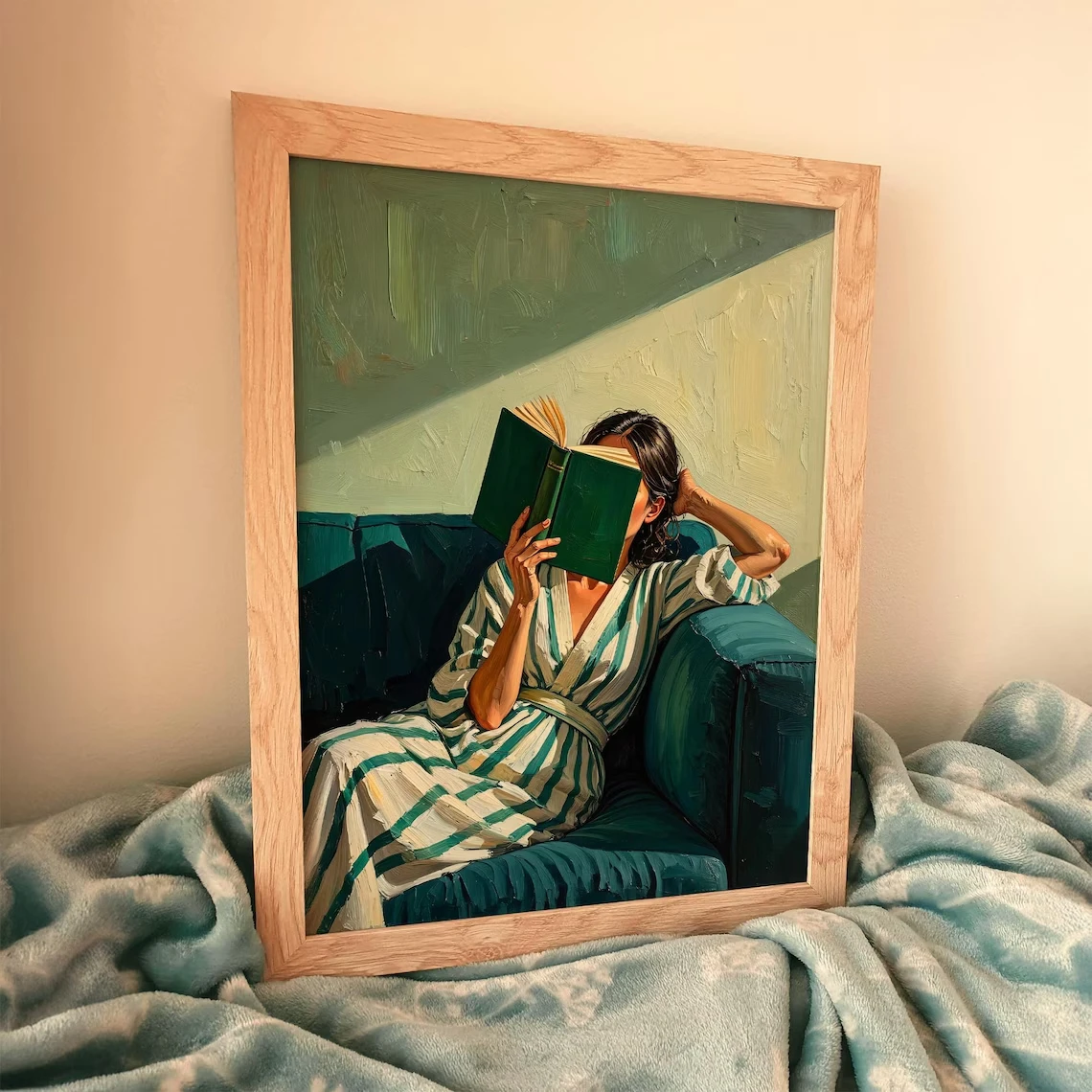 Emerald Green Reading Woman Wall Art Print Poster Abstract Portrait Picture Cozy Contemporary Print for Modern Living Room De