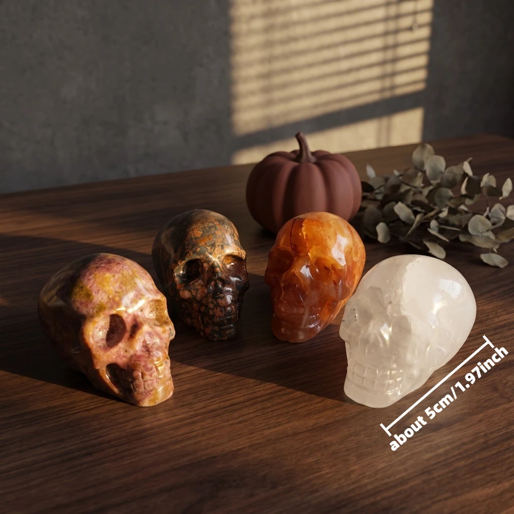 Natural Gemstone Skull Statue Polished Crystal Skull Ornament Halloween Party Tabletop Decoration Rock Specimen Collectible Gift