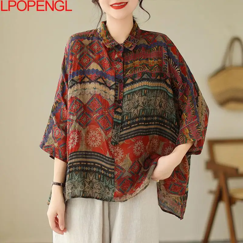 

Polo Collar Ramie Ethnic Style Printed Foreign Style Shirt 2024 Women's Summer Loose All-match Temperament Bat Sleeve Top