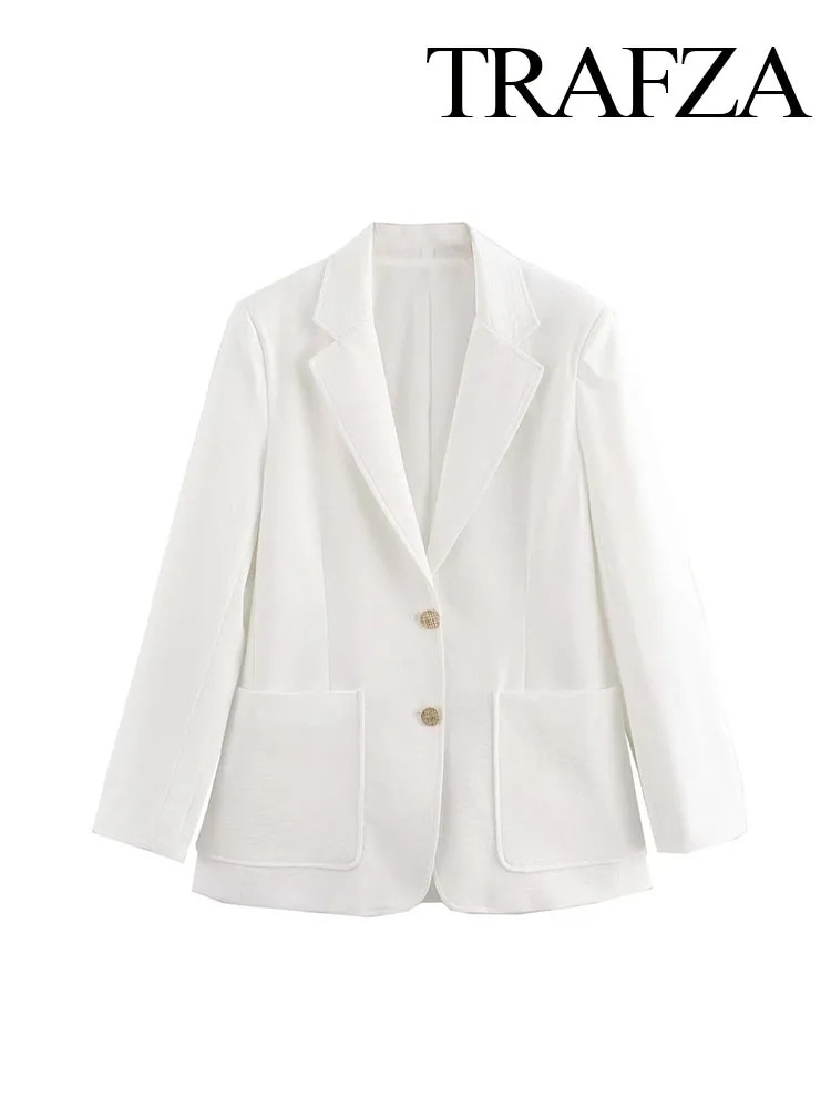 

TRAFZA Women Fashion Blazers White Turn-Down Collar Long Sleeves Pockets Single Breasted Female Summer Coats Office Lady TRAF