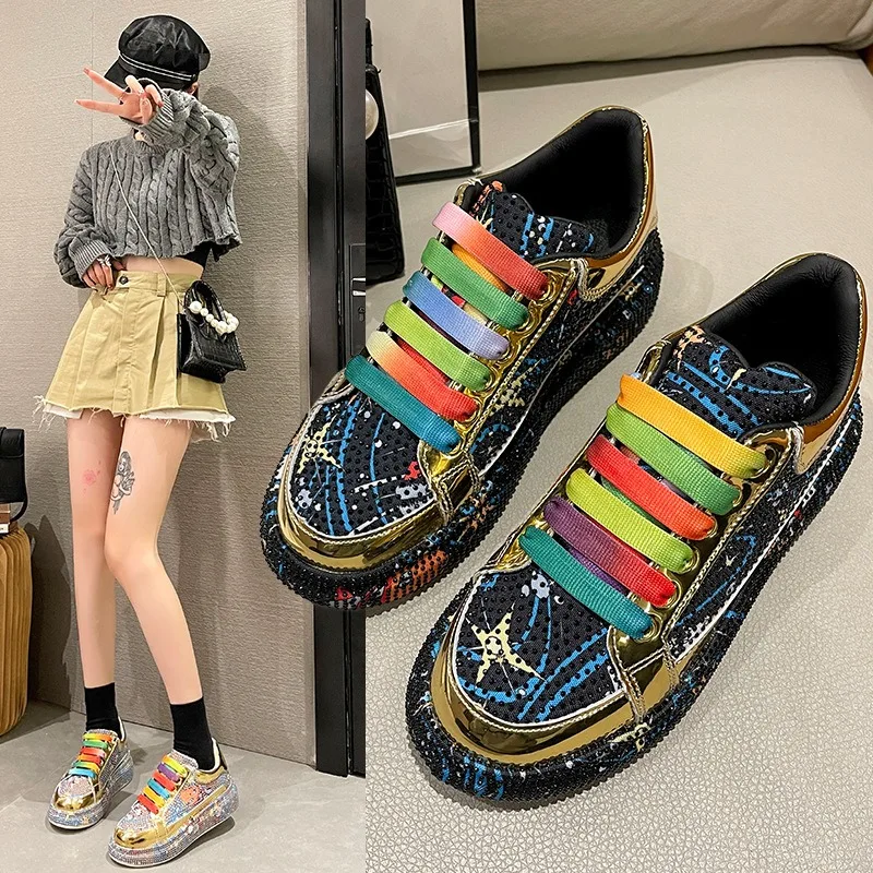 Luxury Crystal Women Causal Shoes Designer Platform Woman-shoes Belt Diamond Casual Sports Shoes Rhinestone Fashion Heels 35-40