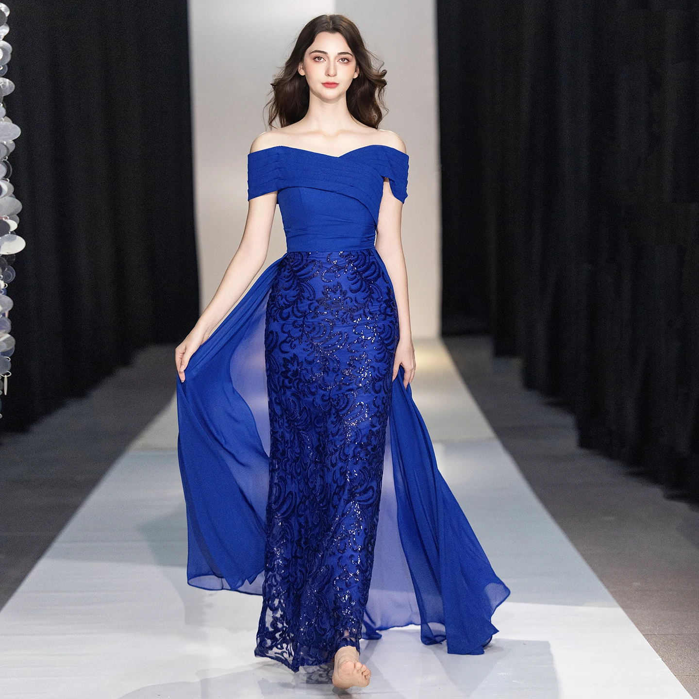 Royal Blue Off Shoulder Mermaid Evening Dress Floral Sequin Chiffon Side Train Floor Length Mother Of Bride Formal Gown image 2