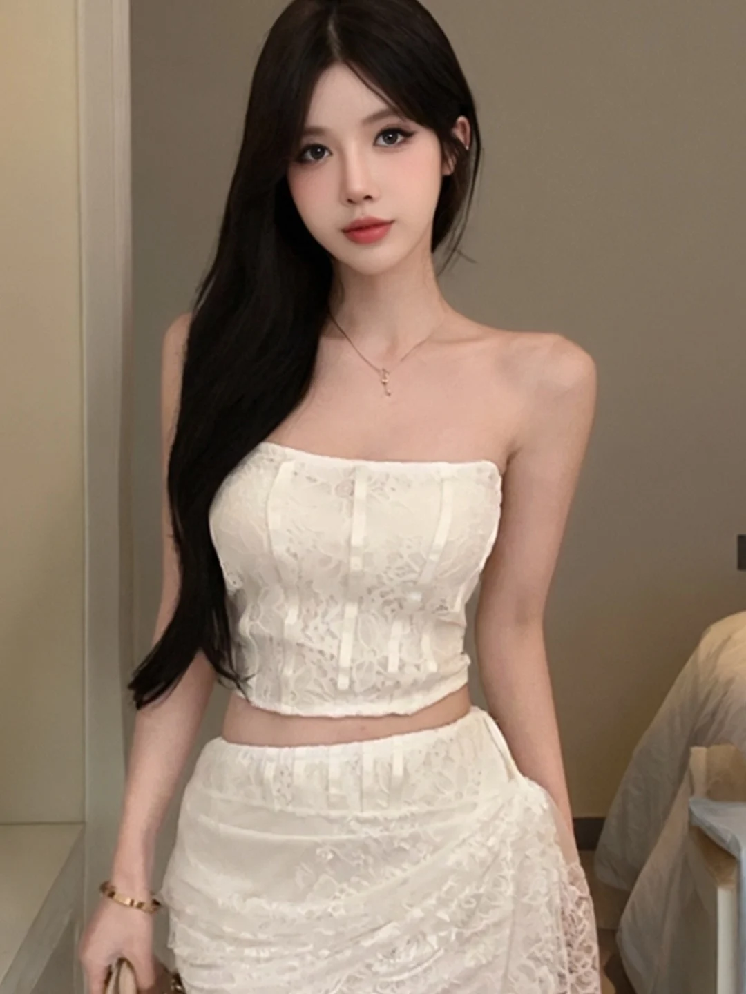 

Sexy Slim Fit Strapless Mesh Top And Skirt Set High Waist Knitted Polyester Fiber Breathable Daily Wear Short Style Pure Color