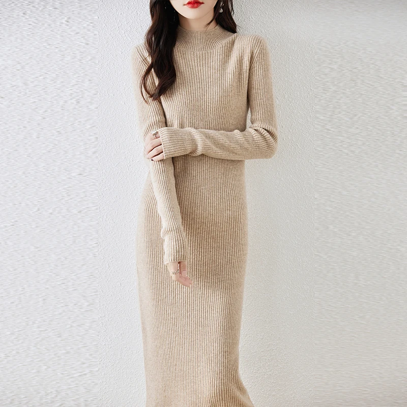 Autumn Winter New Dress Women\'s High Polo Collar Pullover 100 Pure Wool Slim Fit Long Solid Color Temperament Knitted Wool Dress