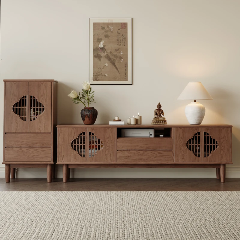 

Solid wood TV cabinet combination living room home storage locker integrated new Chinese wood cabinet