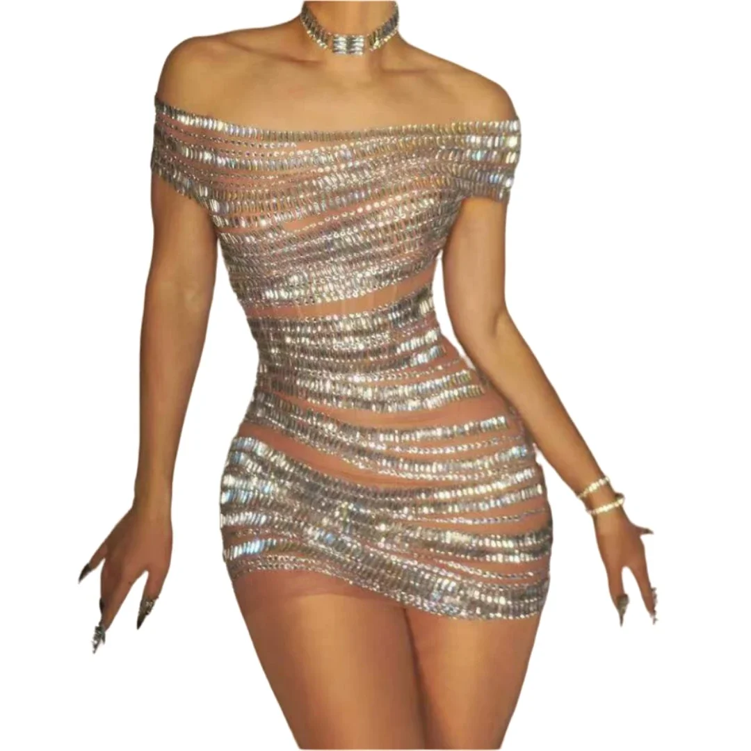 

Sparkle Silver Rhinestone Sequins Dress For Women Ds Dj Gogo Dancer Singer Club Costume Sexy Drag Queen Outfit