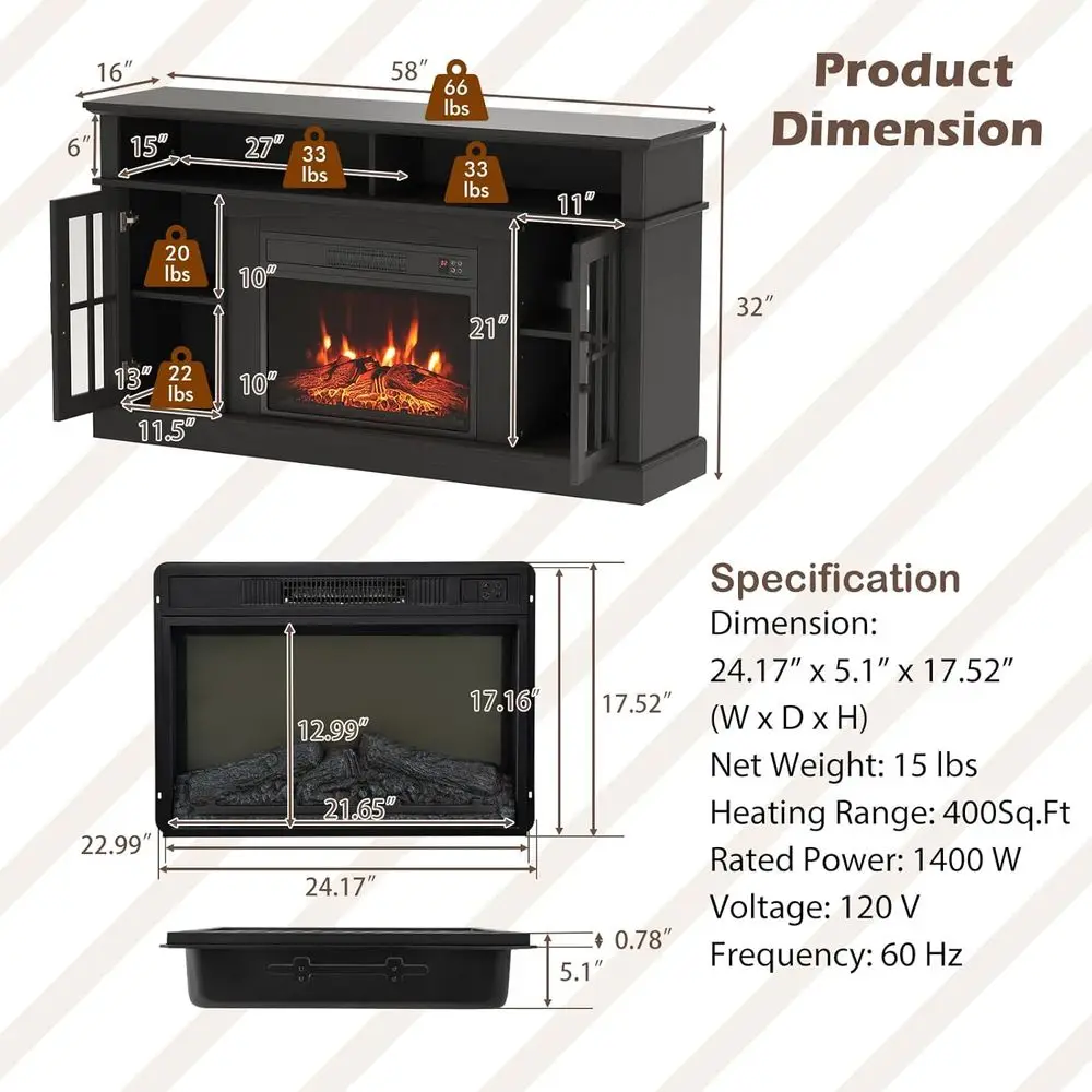 حامل تلفزيون ireplace يصل إلى 40 بوصة و65 بوصة، وتلفزيون مدفأة كهربائية مقاس 58 بوصة، ومركز ترفيه مع خزائن وجهاز تحكم عن بعد